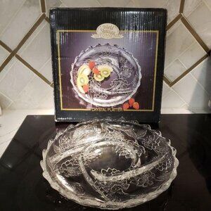 World Showcase crystal 13" sectional fancy floral glass platter party pickle tra